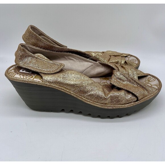 Fly London Yakin Wedge Sandals Gold Glitter Leather Peep Toe Shoes Size: 41 / 10 - Picture 2 of 9